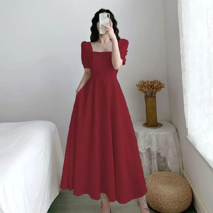 A-Line Neck Square Maxi Plain Short-Sleeve Dress