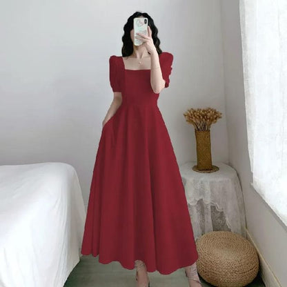 A-Line Neck Square Maxi Plain Short-Sleeve Dress