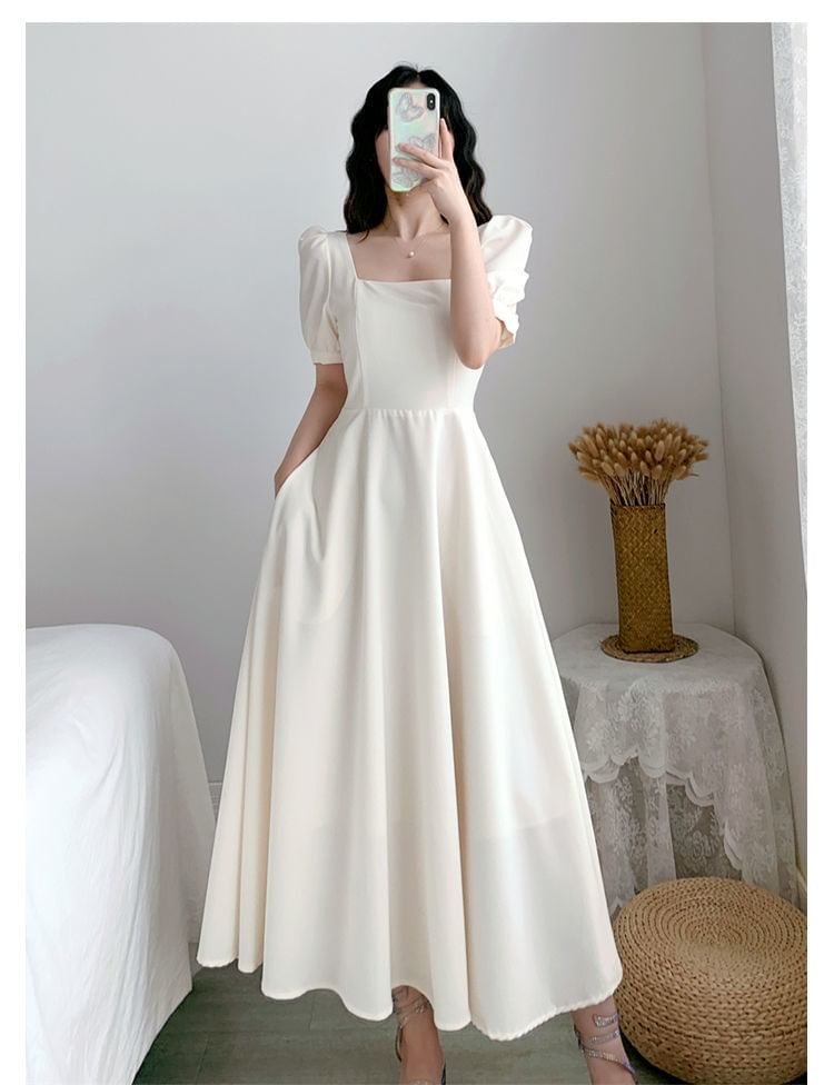 A-Line Neck Square Maxi Plain Short-Sleeve Dress