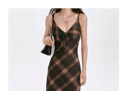 V-Neck Spaghetti Dress Maxi Strap Sheath Plaid