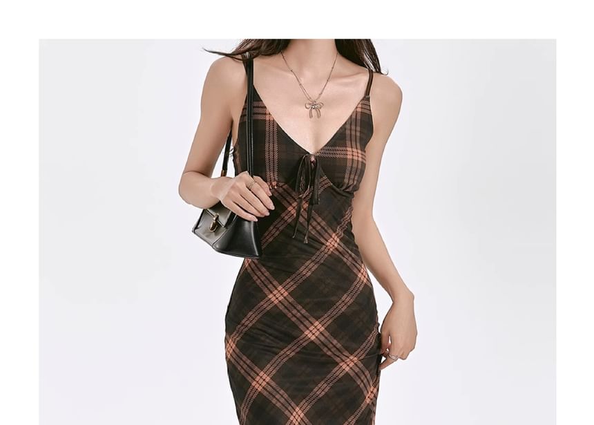 V-Neck Spaghetti Dress Maxi Strap Sheath Plaid