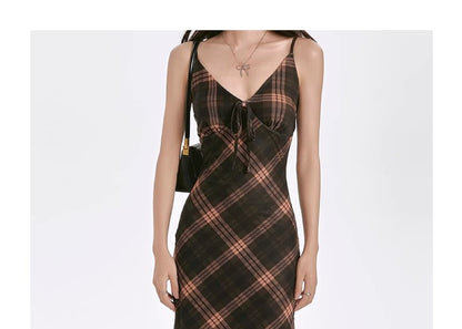 V-Neck Spaghetti Dress Maxi Strap Sheath Plaid