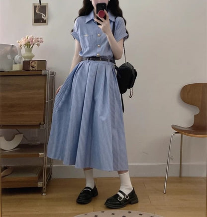 Striped A-Line Shirt Dress Maxi Short-Sleeve