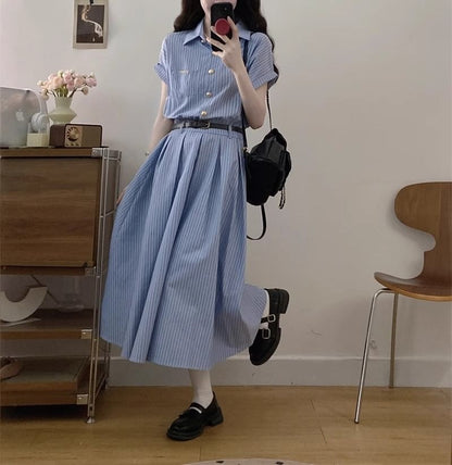 Striped A-Line Shirt Dress Maxi Short-Sleeve