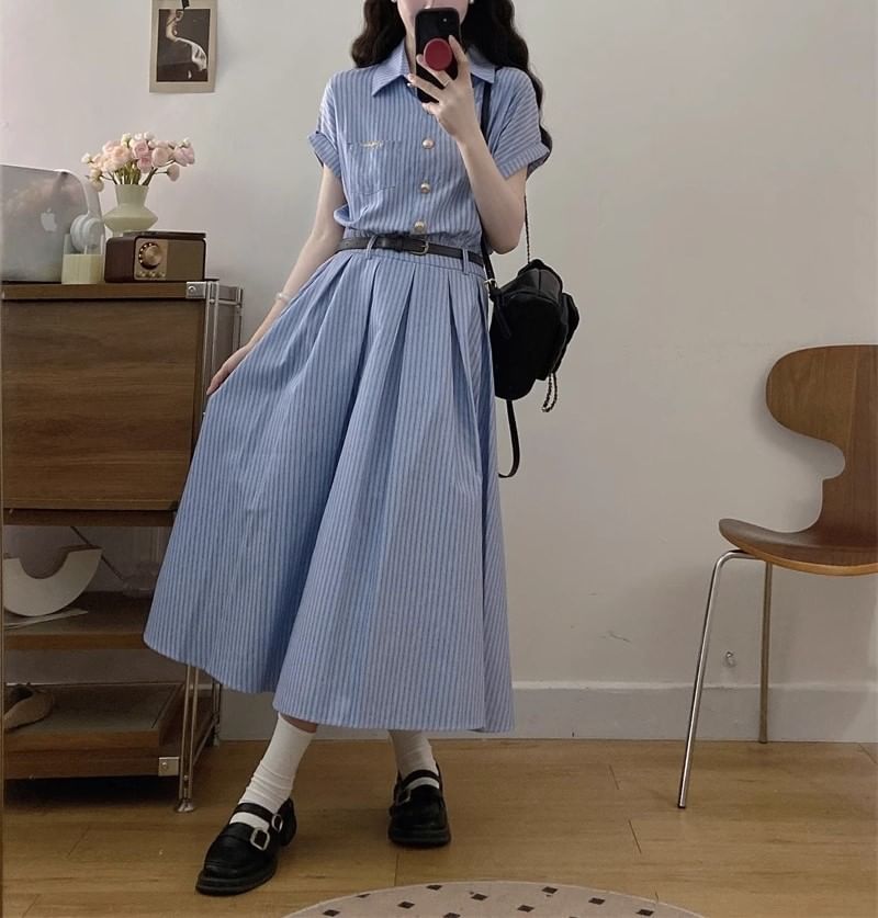 Striped A-Line Shirt Dress Maxi Short-Sleeve