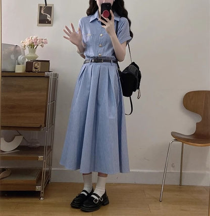 Striped A-Line Shirt Dress Maxi Short-Sleeve