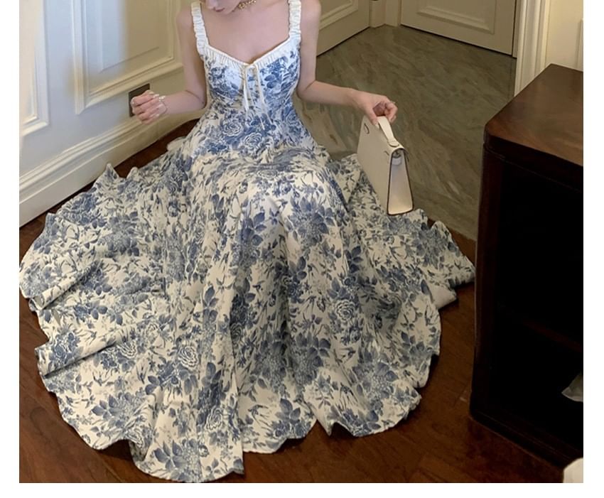 A-Line Dress Floral Print V-Neck Maxi Sleeveless