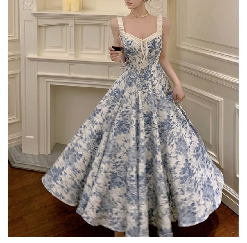 A-Line Dress Floral Print V-Neck Maxi Sleeveless