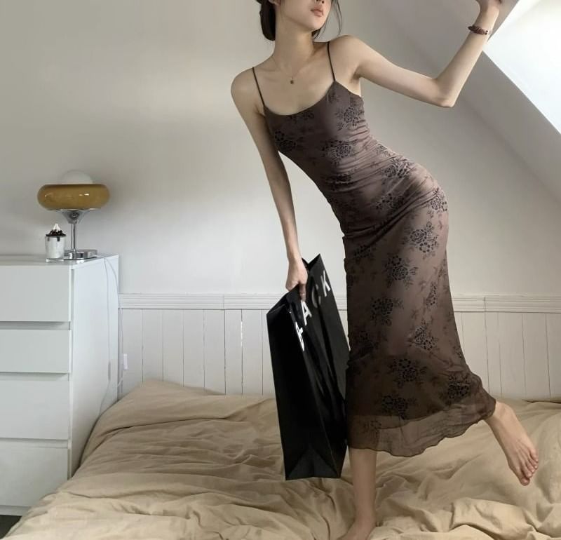 Spaghetti Strap Maxi Dress Lace A-Line