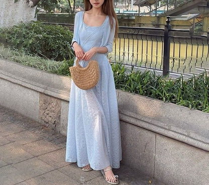 A-Line Neck Maxi Plain Sleeveless Square Dress