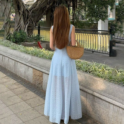 A-Line Neck Maxi Plain Sleeveless Square Dress