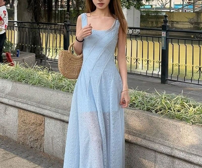 A-Line Neck Maxi Plain Sleeveless Square Dress