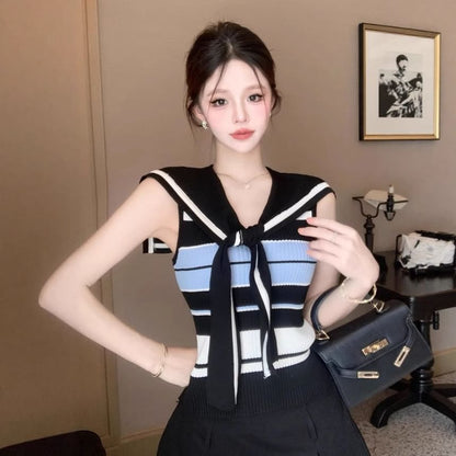 Striped Collared Knit Top, Sleeveless V-Neck