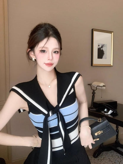 Striped Collared Knit Top, Sleeveless V-Neck