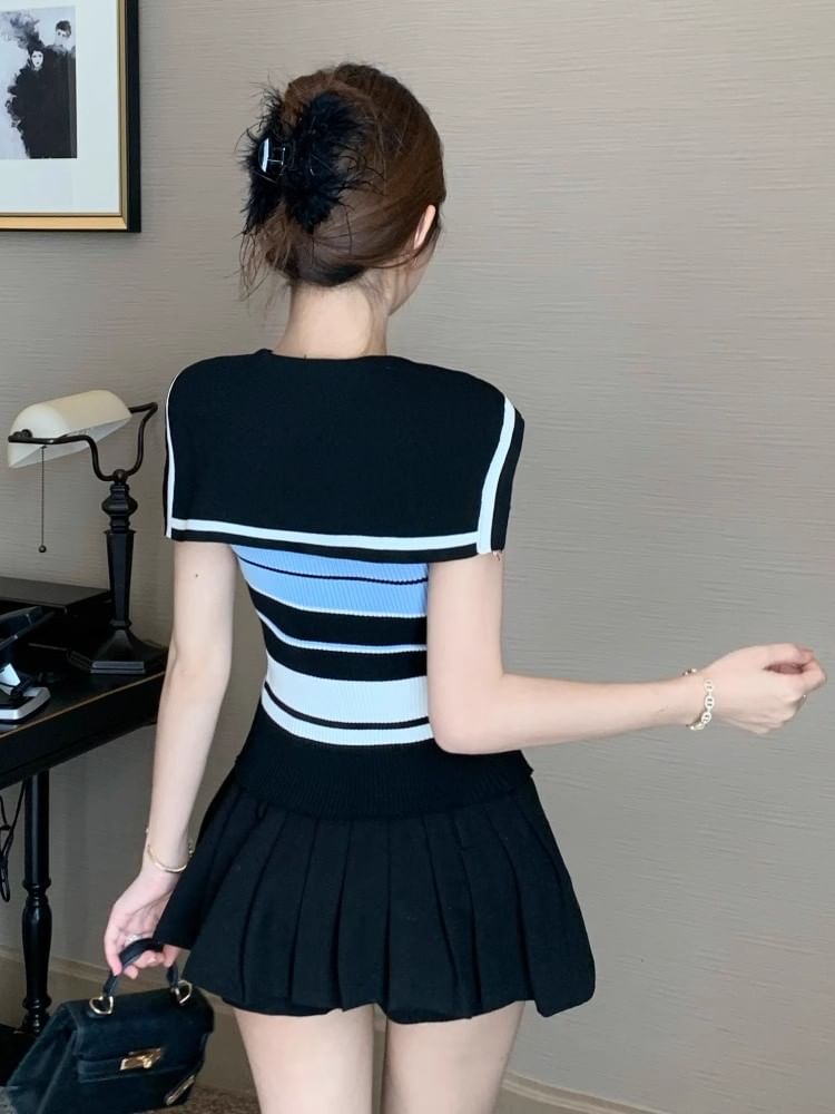 Striped Collared Knit Top, Sleeveless V-Neck