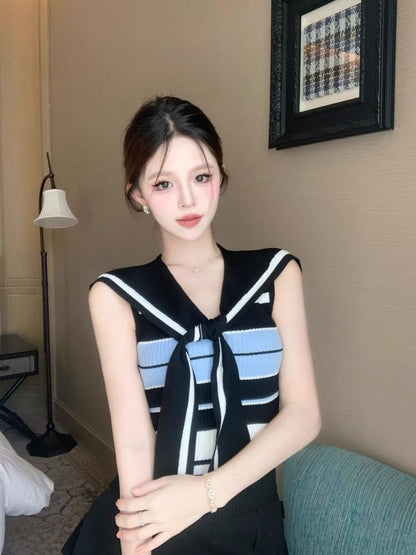Striped Collared Knit Top, Sleeveless V-Neck