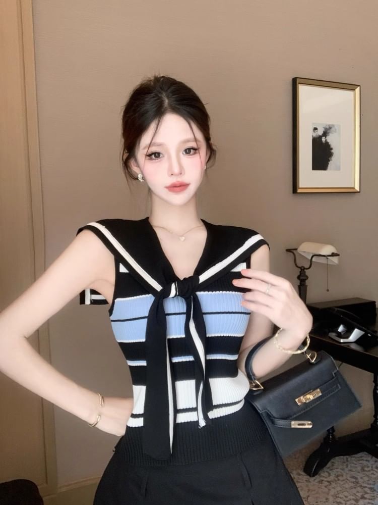 Striped Collared Knit Top, Sleeveless V-Neck