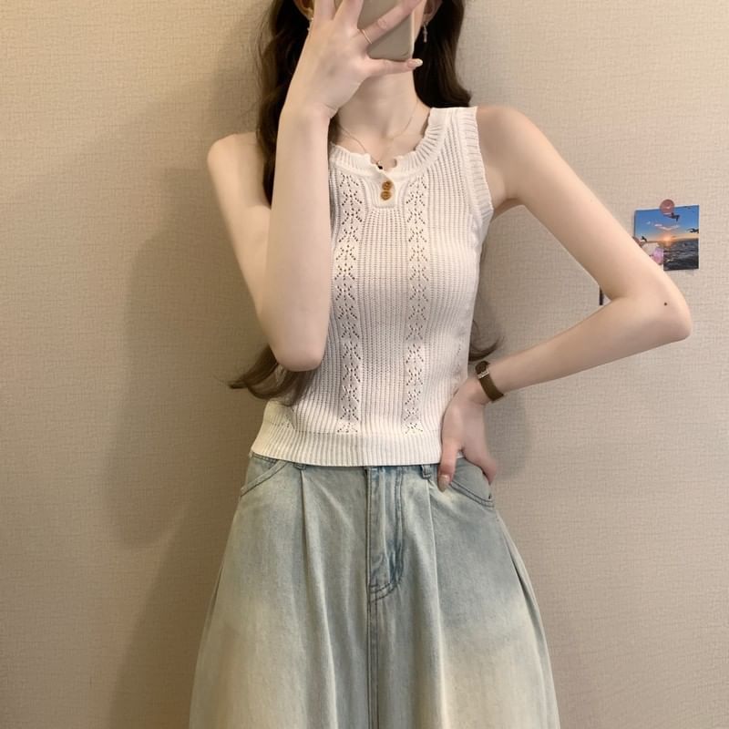 Plain Knit Crew-Neck Sleeveless Top