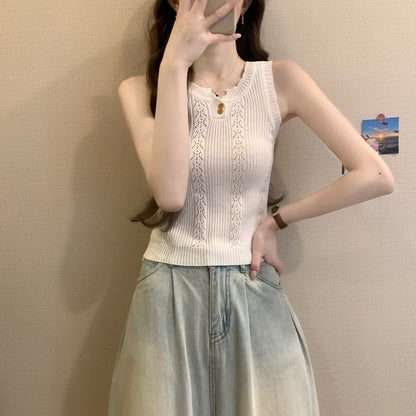 Plain Knit Crew-Neck Sleeveless Top