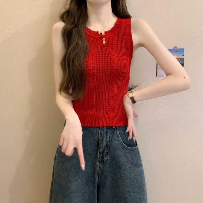 Plain Knit Crew-Neck Sleeveless Top