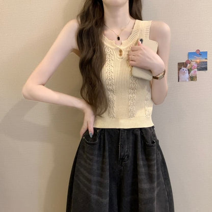 Plain Knit Crew-Neck Sleeveless Top