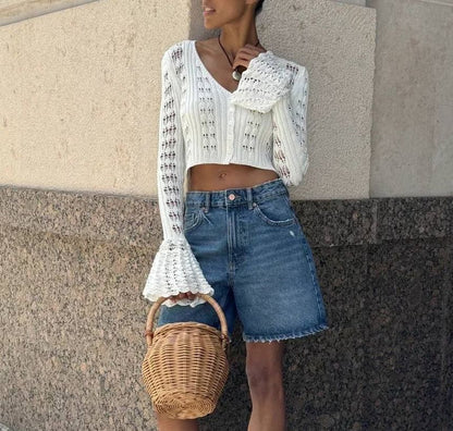 Plain V-Neck Crop Flared-Cuff Cardigan Perforated Button-Up