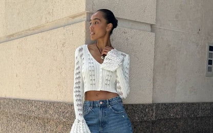 Plain V-Neck Crop Flared-Cuff Cardigan Perforated Button-Up