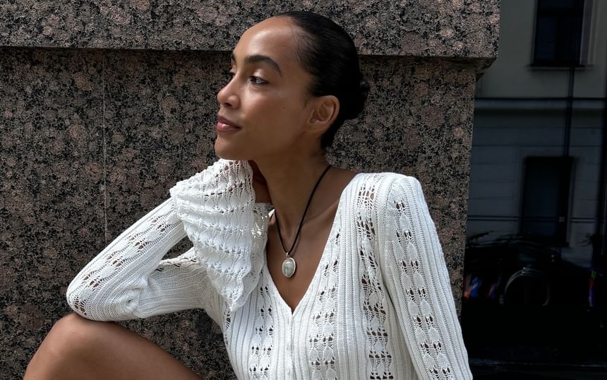 Plain V-Neck Crop Flared-Cuff Cardigan Perforated Button-Up