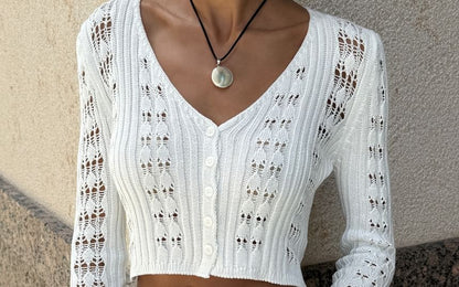 Plain V-Neck Crop Flared-Cuff Cardigan Perforated Button-Up