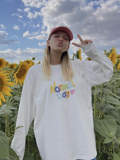 Long-Sleeve Lettering Print Crew T-Shirt Neck