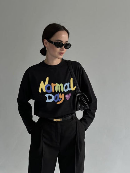 Long-Sleeve Lettering Print Crew T-Shirt Neck