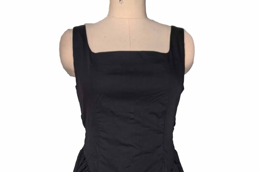 Sleeveless Square Plain Tie A-Line Dress Waist Neck Mini Back Open