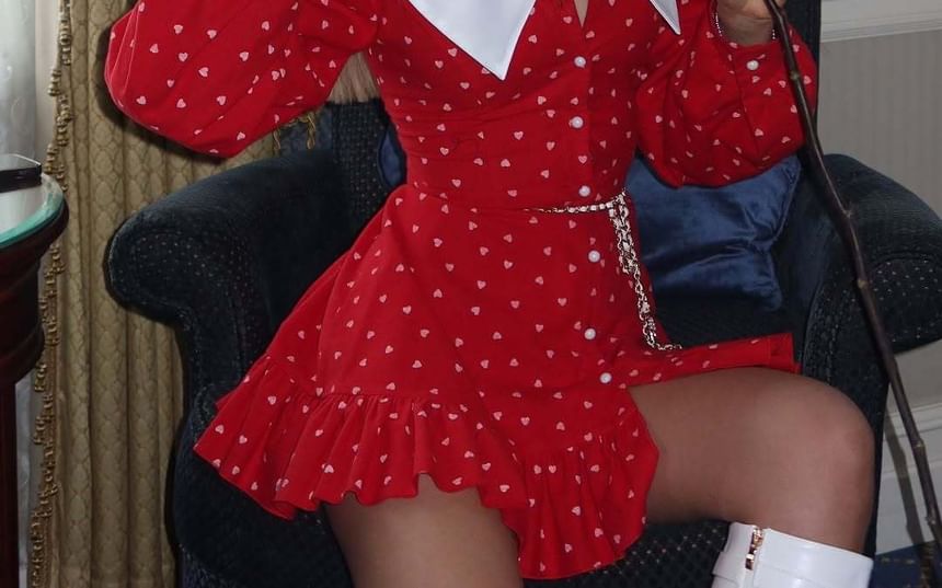 Dress A-Line Mini Ruffle Long-Sleeve Hem Contrast Collar Button-Up