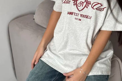 Lettering Elbow-Sleeve Neck Crew Embroidered Tee