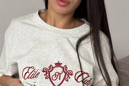 Lettering Elbow-Sleeve Neck Crew Embroidered Tee