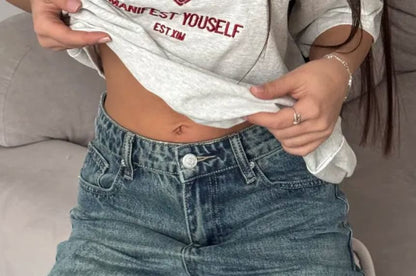 Lettering Elbow-Sleeve Neck Crew Embroidered Tee