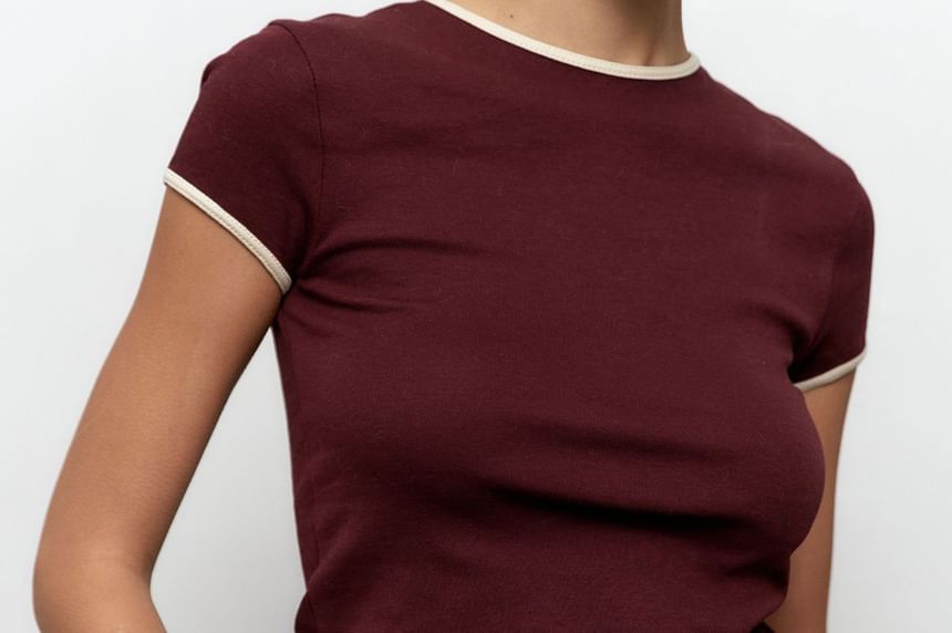 Crop Neck Trim Short-Sleeve Contrast Tee Fit Crew Slim