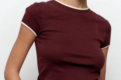 Crop Neck Trim Short-Sleeve Contrast Tee Fit Crew Slim