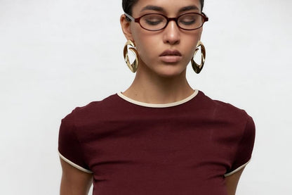 Crop Neck Trim Short-Sleeve Contrast Tee Fit Crew Slim