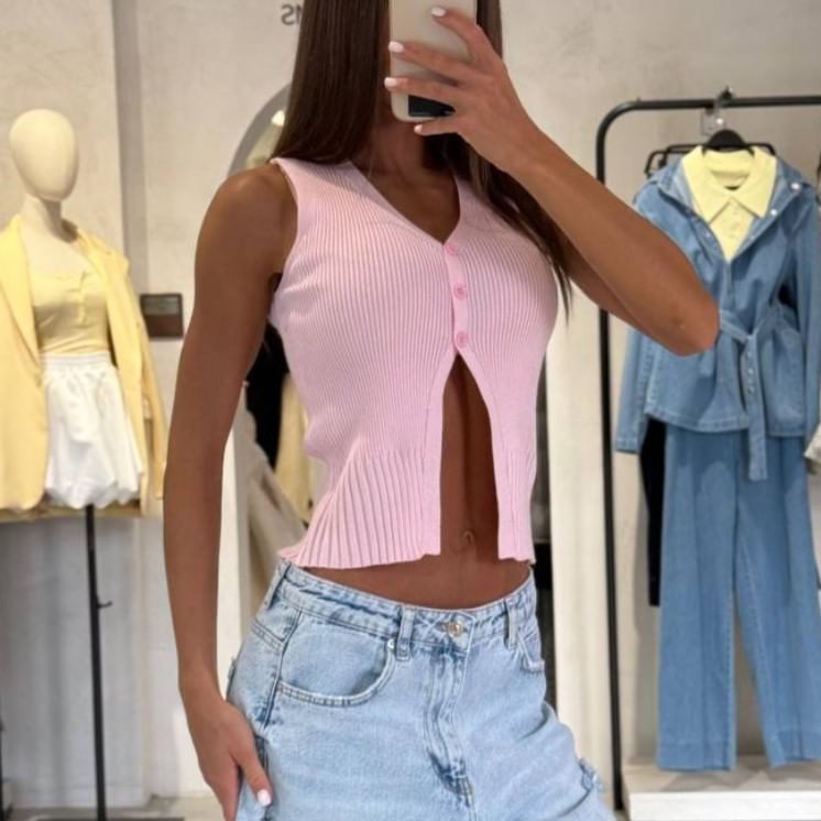 Crop Plain Slit V-Neck Button-Up Vest Sweater