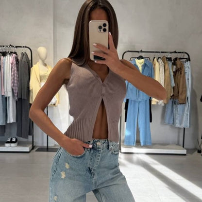 Crop Plain Slit V-Neck Button-Up Vest Sweater