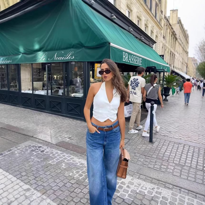 Single-Breasted Halter Crop Back Flower V-Neck Vest Accent Plain Open