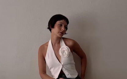 Single-Breasted Halter Crop Back Flower V-Neck Vest Accent Plain Open