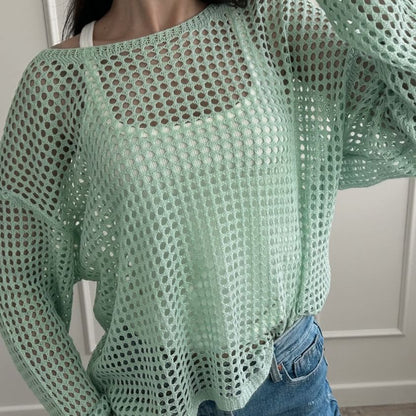 Round Plain Long-Sleeve Knit Perforated Top Neck