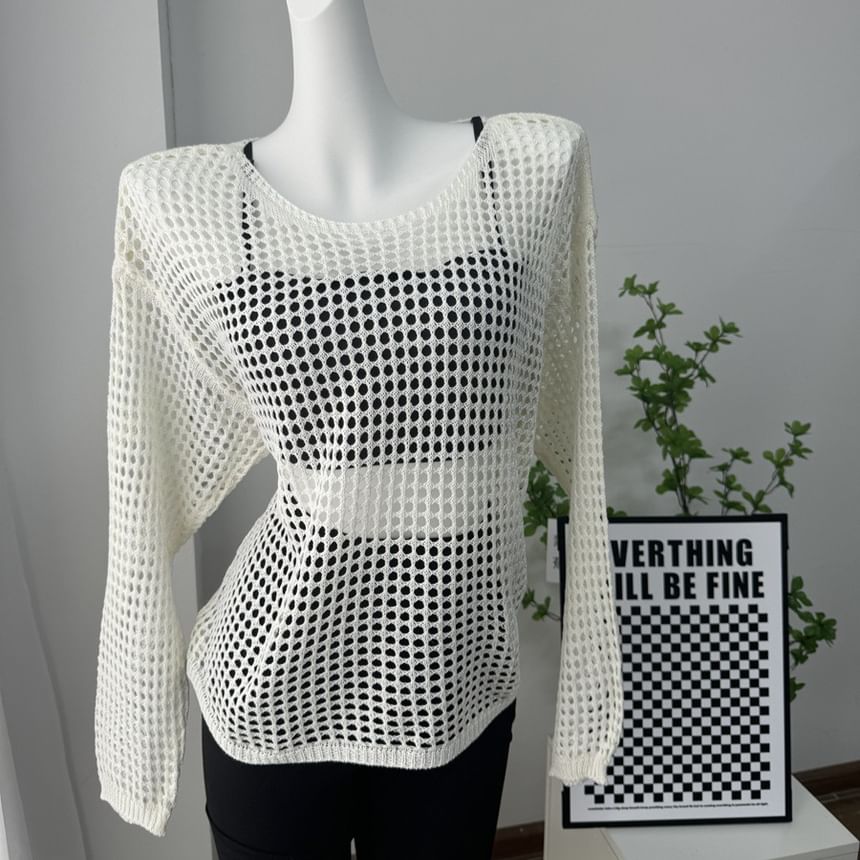 Round Plain Long-Sleeve Knit Perforated Top Neck