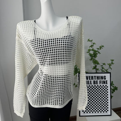 Round Plain Long-Sleeve Knit Perforated Top Neck