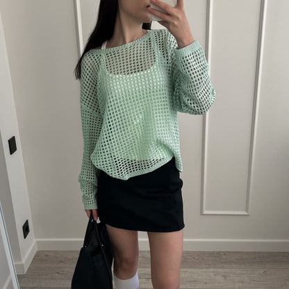 Round Plain Long-Sleeve Knit Perforated Top Neck