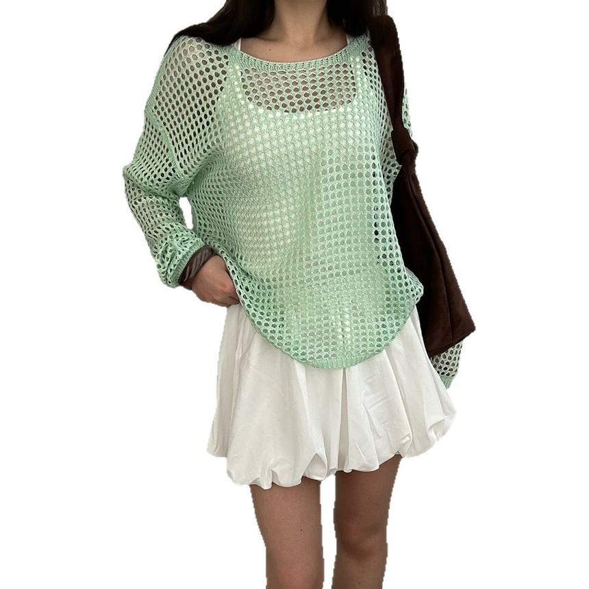 Round Plain Long-Sleeve Knit Perforated Top Neck