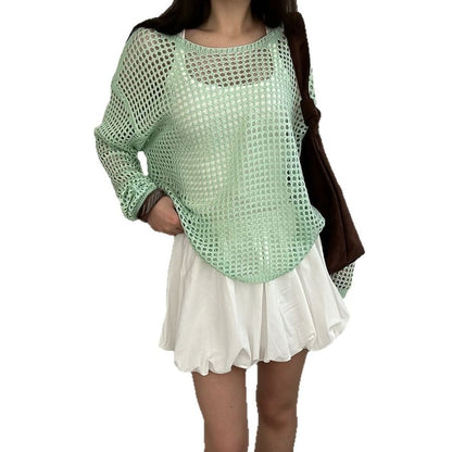 Round Plain Long-Sleeve Knit Perforated Top Neck