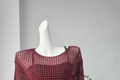 Round Plain Long-Sleeve Knit Perforated Top Neck